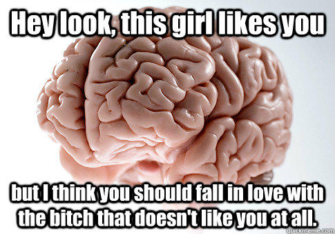 Hey look, this girl likes you but I think you should fall in love with the bitch that doesn't like you at all.  - Hey look, this girl likes you but I think you should fall in love with the bitch that doesn't like you at all.   Scumbag Brain