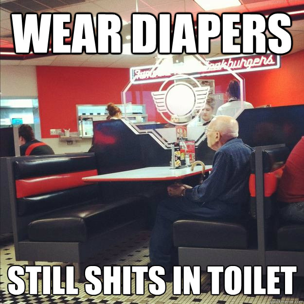 Wear diapers still shits in toilet   
