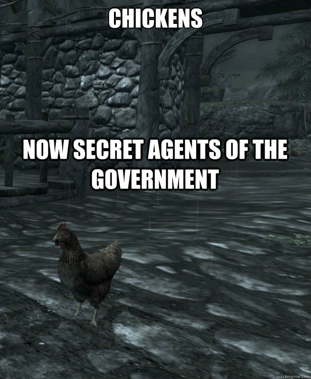 Chickens

 Now secret agents of the government   Skyrim Logic