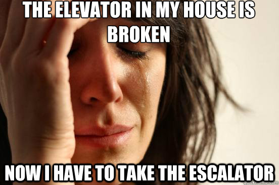 the elevator in my house is broken now i have to take the escalator  First World Problems