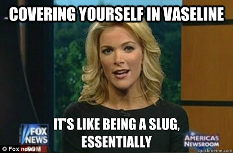 Covering yourself in vaseline It's like being a slug,
Essentially - Covering yourself in vaseline It's like being a slug,
Essentially  Megyn Kelly