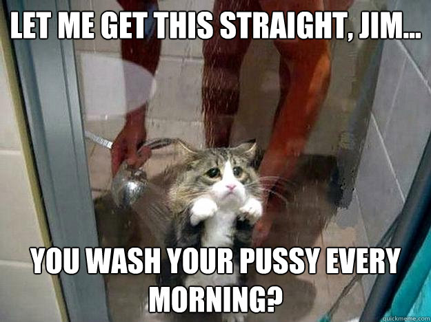 Let me get this straight, Jim... You wash your pussy every morning? - Let me get this straight, Jim... You wash your pussy every morning?  Shower kitty