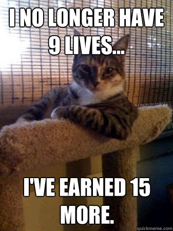 I no longer have 9 lives... I've earned 15 more.  The Most Interesting Cat in the World