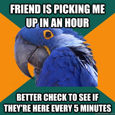 friend is picking me up in an hour better check to see if they're here every 5 minutes  Paranoid Parrot