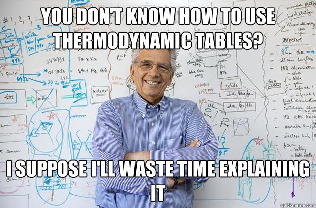 you don't know how to use thermodynamic tables? I suppose I'll waste time explaining it - you don't know how to use thermodynamic tables? I suppose I'll waste time explaining it  Engineering Professor