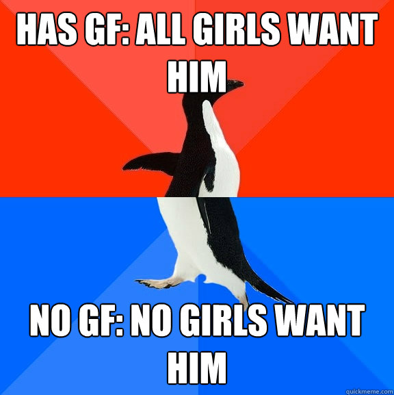 has gf: all girls want him no gf: no girls want him  Socially Awesome Awkward Penguin