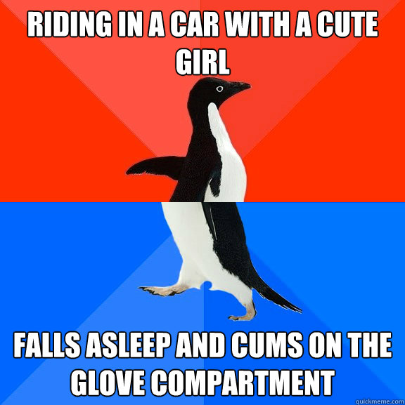 riding in a car with a cute girl falls asleep and cums on the glove compartment  Socially Awesome Awkward Penguin