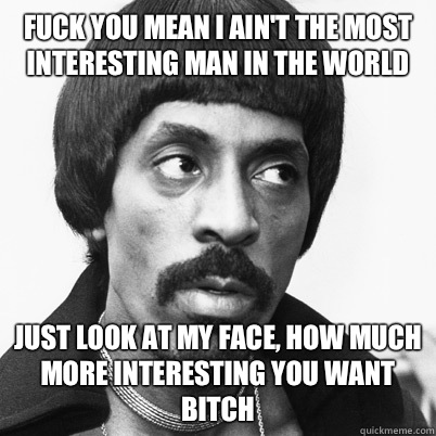 Fuck you mean I ain't the most interesting man in the world  Just look at my face, how much more interesting you want bitch  Ike Turner