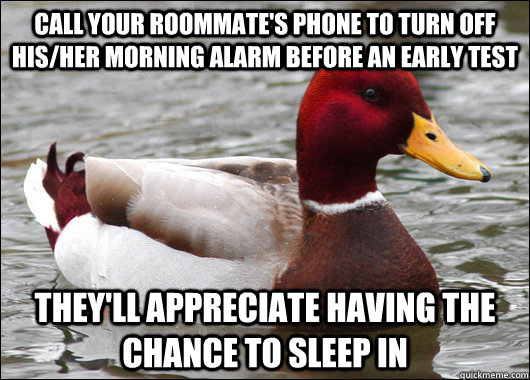 call your roommate's phone to turn off his/her morning alarm before an early test they'll appreciate having the chance to sleep in  Malicious Advice Mallard