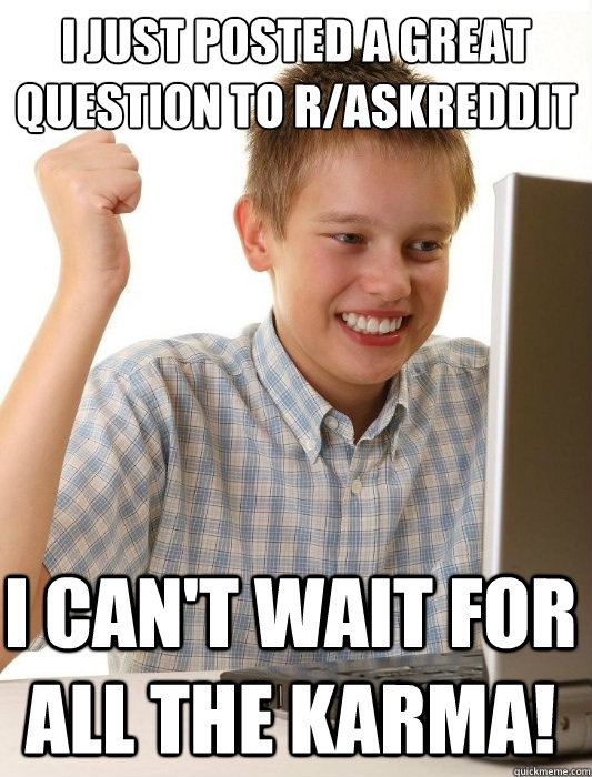 I just posted a great question to r/AskReddit I can't wait for all the karma!  First Day on the Internet Kid