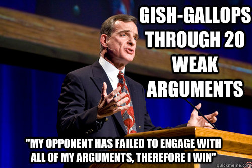 gish-gallops through 20 weak arguments 