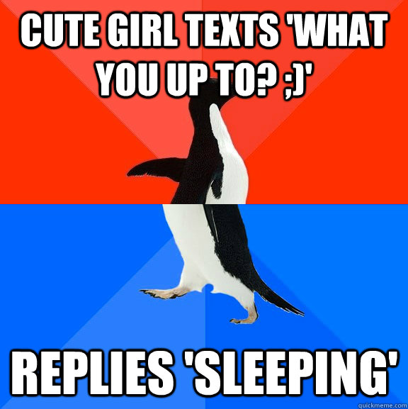 cute girl texts 'what you up to? ;)' replies 'sleeping'  Socially Awesome Awkward Penguin