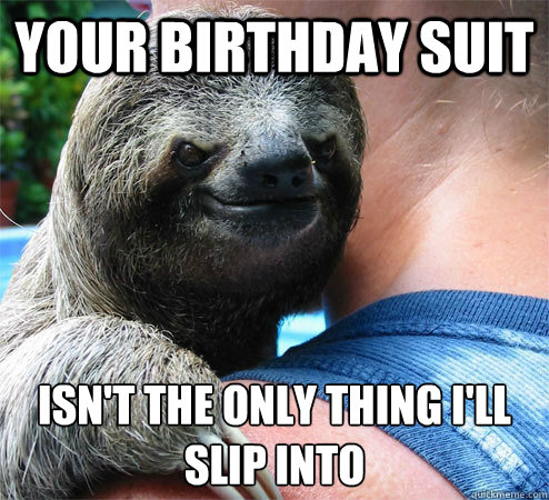 Your birthday suit isn't the only thing i'll slip into
 - Your birthday suit isn't the only thing i'll slip into
  Suspiciously Evil Sloth