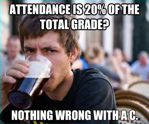 Attendance is 20% of the total grade? Nothing wrong with a C.  Lazy College Senior