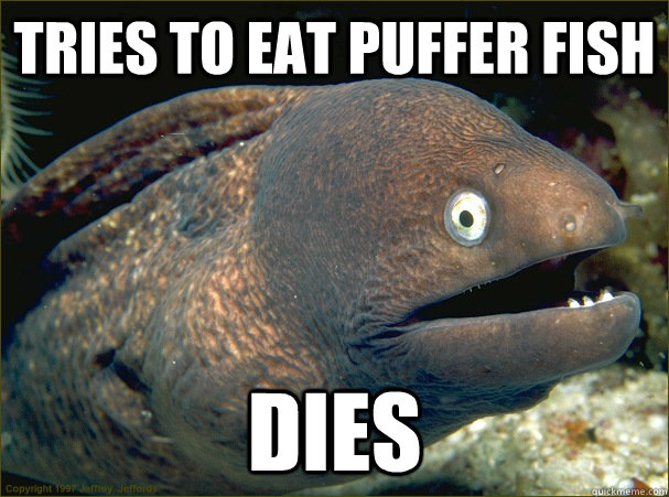 Tries to eat puffer fish Dies  Bad Joke Eel
