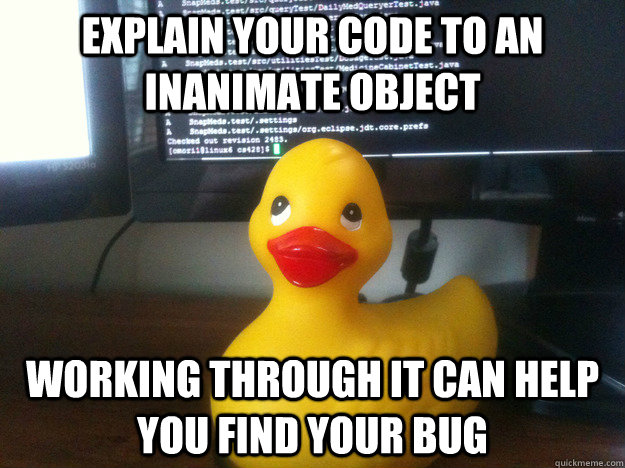 Explain your code to an inanimate object Working through it can help you find your bug  