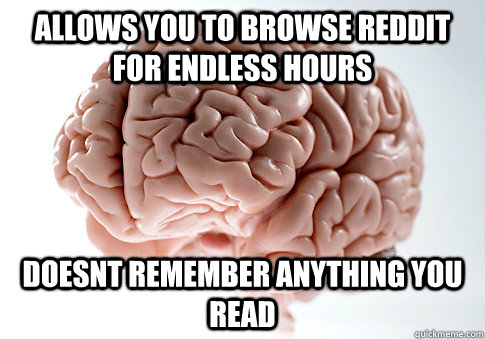ALLOWS YOU TO BROWSE REDDIT FOR ENDLESS HOURS DOESNT REMEMBER ANYTHING YOU READ   Scumbag Brain