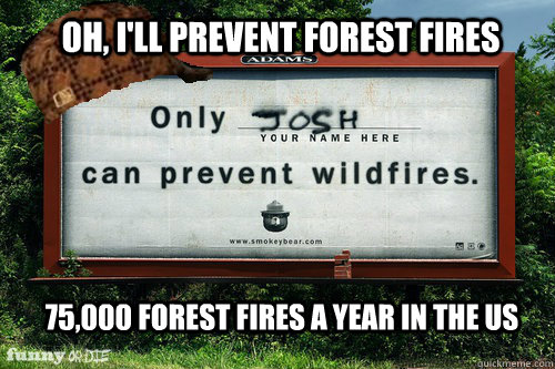 Oh, I'll prevent forest fires 75,000 forest fires a year in the US - Oh, I'll prevent forest fires 75,000 forest fires a year in the US  Scumbag Josh