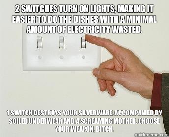 2 switches turn on lights, making it easier to do the dishes with a minimal amount of electricity wasted. 1 switch destroys your silverware, accompanied by soiled underwear and a screaming mother. Choose your weapon, bitch. - 2 switches turn on lights, making it easier to do the dishes with a minimal amount of electricity wasted. 1 switch destroys your silverware, accompanied by soiled underwear and a screaming mother. Choose your weapon, bitch.  Light Switch