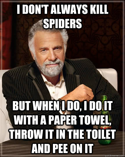 I don't always kill spiders but when I do, i do it with a paper towel, throw it in the toilet and pee on it  The Most Interesting Man In The World