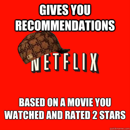 Gives you recommendations based on a movie you watched and rated 2 stars - Gives you recommendations based on a movie you watched and rated 2 stars  Scumbag Netflix