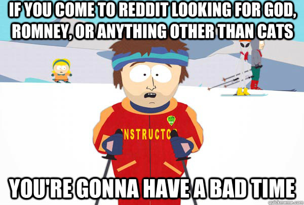 If you come to reddit looking for god, romney, or anything other than cats you're gonna have a bad time  Super Cool Ski Instructor