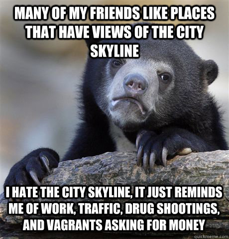 many of my friends like places that have views of the city skyline I hate the city skyline, it just reminds me of work, traffic, drug shootings, and vagrants asking for money  Confession Bear