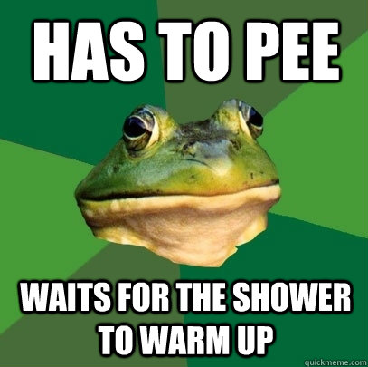 Has to pee Waits for the shower to warm up  Foul Bachelor Frog