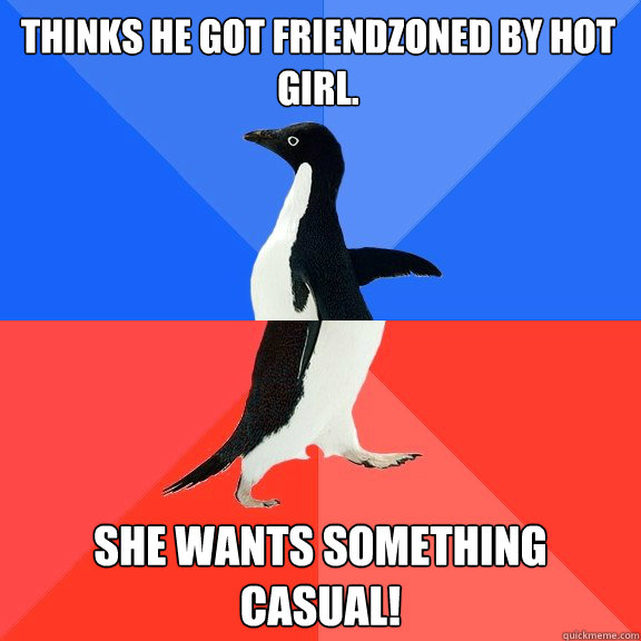 Thinks he got friendzoned by hot girl.  She wants something casual!  Socially Awkward Awesome Penguin