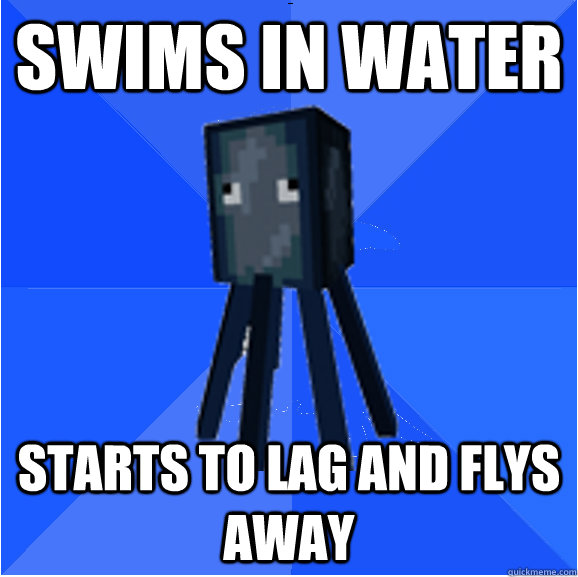 swims in water starts to lag and flys away  Socially Awkward Squid