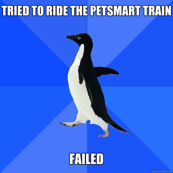 Tried to ride the petsmart train   Failed  Socially Awkward Penguin