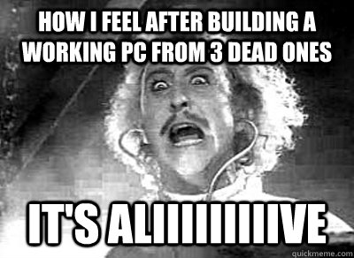 How I feel after building a working PC from 3 dead ones it's aliiiiiiiiive  