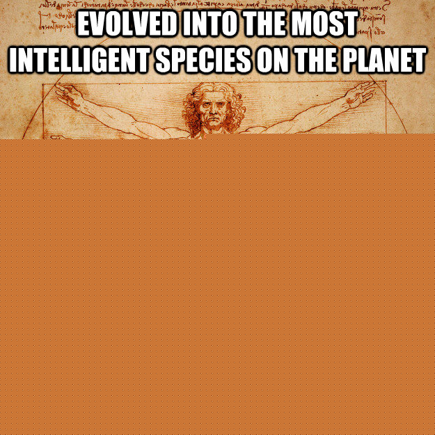 Evolved into the most intelligent species on the planet Still believes in magic men in the sky  