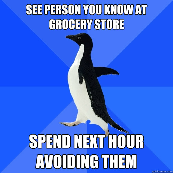See person you know at Grocery Store Spend next hour avoiding them  Socially Awkward Penguin