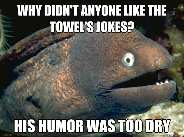 Why didn't anyone like the Towel's jokes? His humor was too dry - Why didn't anyone like the Towel's jokes? His humor was too dry  Bad Joke Eel