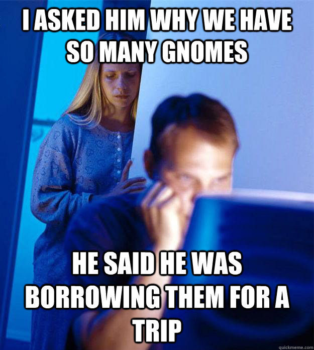 I asked him why we have so many gnomes He said he was borrowing them for a trip  Redditors Wife