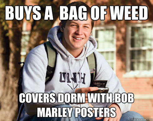 Buys a  bag of weed  covers dorm with bob marley posters  College Freshman