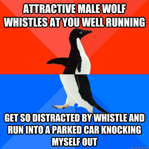 attractive male wolf whistles at you well running get so distracted by whistle and run into a parked car knocking myself out  Socially Awesome Awkward Penguin