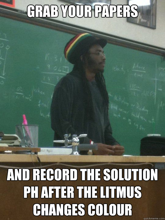 grab your papers and record the solution pH after the litmus changes colour - grab your papers and record the solution pH after the litmus changes colour  Rasta Science Teacher