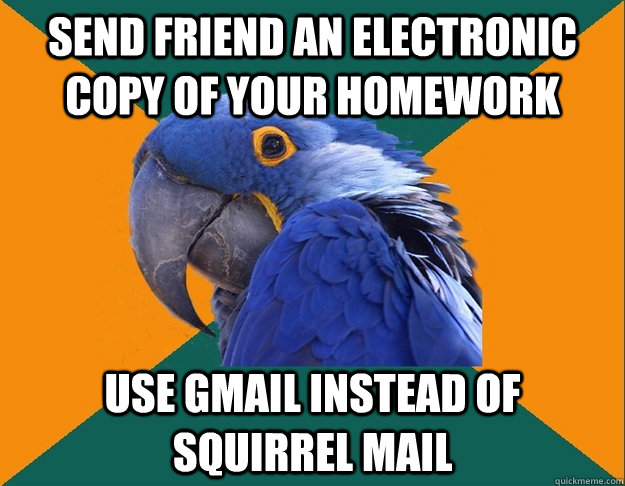 Send friend an electronic copy of your homework use Gmail instead of squirrel mail  Paranoid parrot flat tire