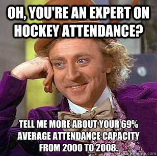 Oh, you're an expert on hockey attendance? tell me more about your 69% average attendance capacity from 2000 to 2008.  Condescending Wonka