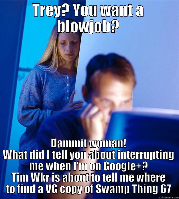 TREY? YOU WANT A BLOWJOB? DAMMIT WOMAN! WHAT DID I TELL YOU ABOUT INTERRUPTING ME WHEN I'M ON GOOGLE+? TIM WKR IS ABOUT TO TELL ME WHERE TO FIND A VG COPY OF SWAMP THING 67 Redditors Wife