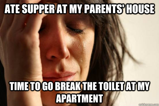 ate supper at my parents' house time to go break the toilet at my apartment  First World Problems