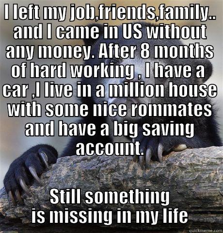 I LEFT MY JOB,FRIENDS,FAMILY.. AND I CAME IN US WITHOUT ANY MONEY. AFTER 8 MONTHS OF HARD WORKING , I HAVE A  CAR ,I LIVE IN A MILLION HOUSE WITH SOME NICE ROMMATES AND HAVE A BIG SAVING ACCOUNT. STILL SOMETHING IS MISSING IN MY LIFE Confession Bear