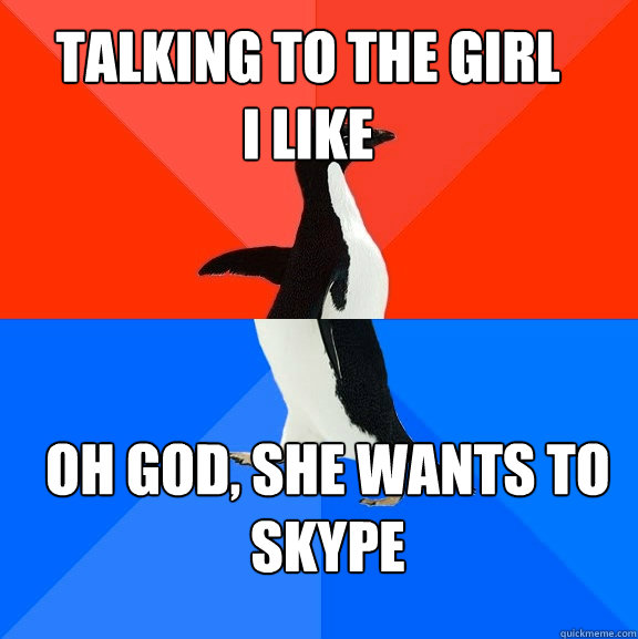 Talking to the girl
I like oh god, she wants to skype  Socially Awesome Awkward Penguin