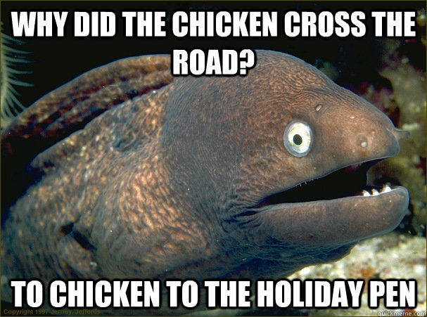 Why did the chicken cross the road? To chicken to the holiday pen  Bad Joke Eel