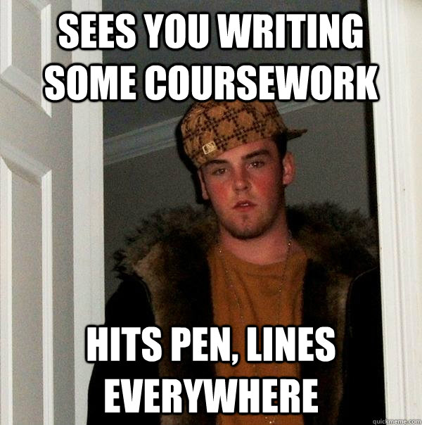 Sees you writing some coursework Hits pen, lines everywhere  Scumbag Steve