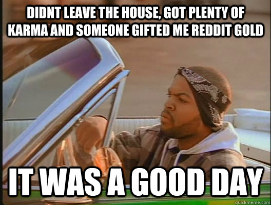 didnt leave the house, got plenty of karma and someone gifted me reddit gold it was a good day - didnt leave the house, got plenty of karma and someone gifted me reddit gold it was a good day  goodday