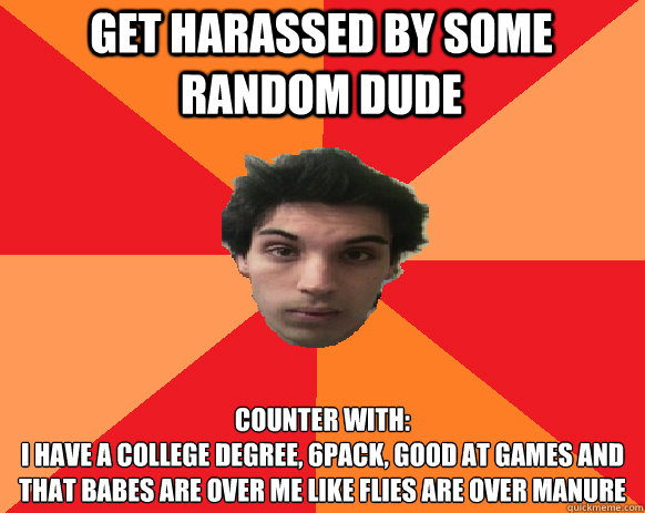 Get harassed by some random dude Counter with:
I have a college degree, 6pack, good at games and that babes are over me like flies are over manure                                                                                                               Idiot WoW player