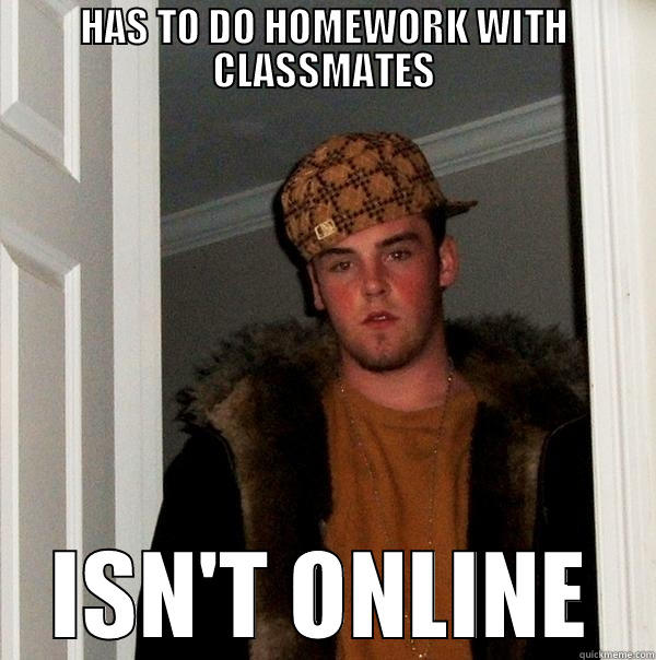 HAS TO DO HOMEWORK WITH CLASSMATES ISN'T ONLINE Scumbag Steve
